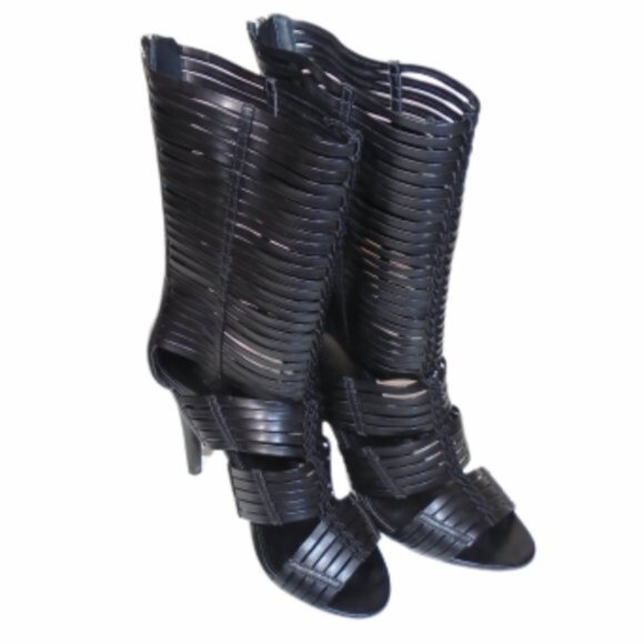 Colin Stuart Calf High Boots Stiletto Heel Pumps Skin Baring Peep Toe Black - Picture 2 of 14